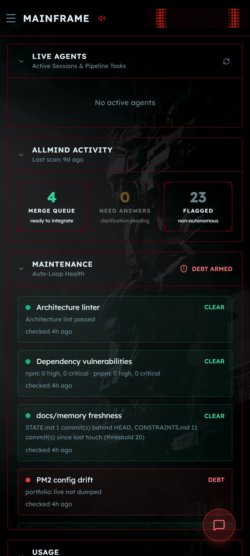 ALLMIND dashboard on a phone: activity summary, maintenance health, and merge queue in a mobile layout