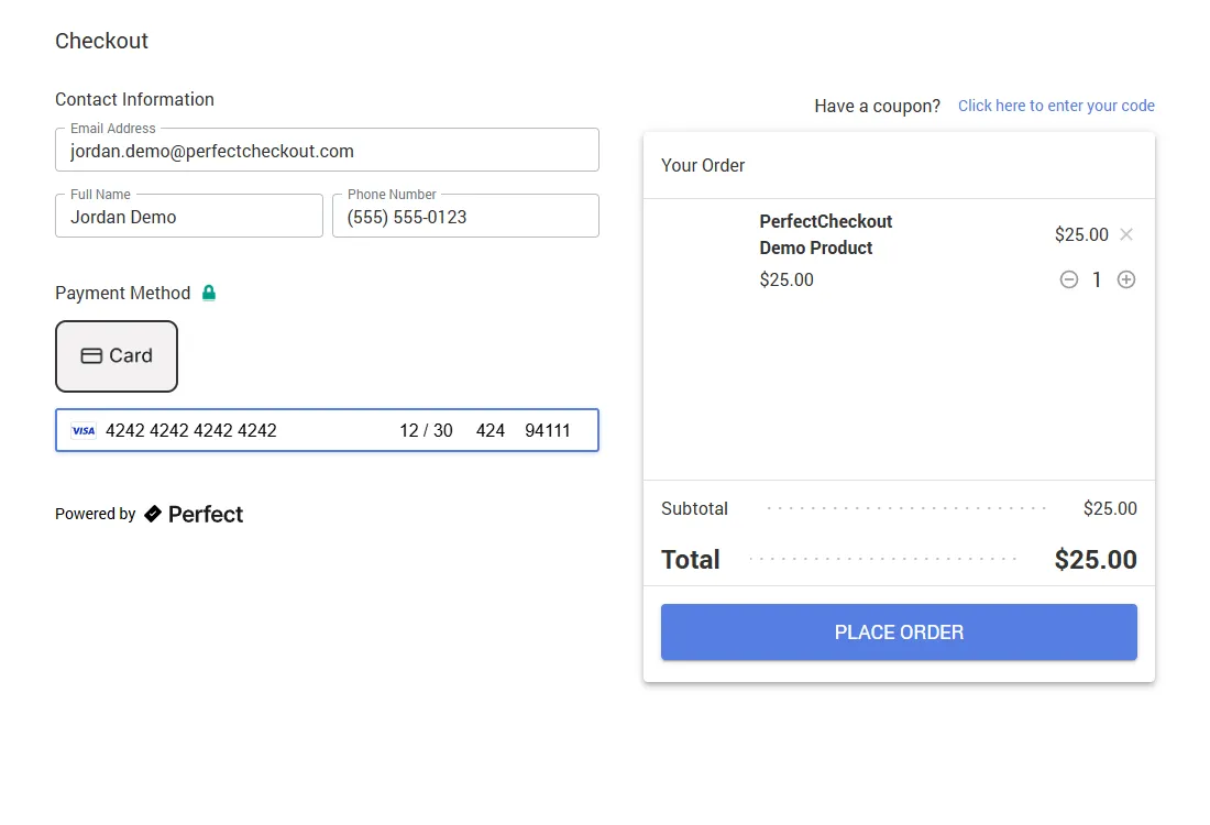 Perfect Checkout embeddable checkout filled out: contact fields completed, a live Stripe card field with a test Visa number, and a $25.00 order summary