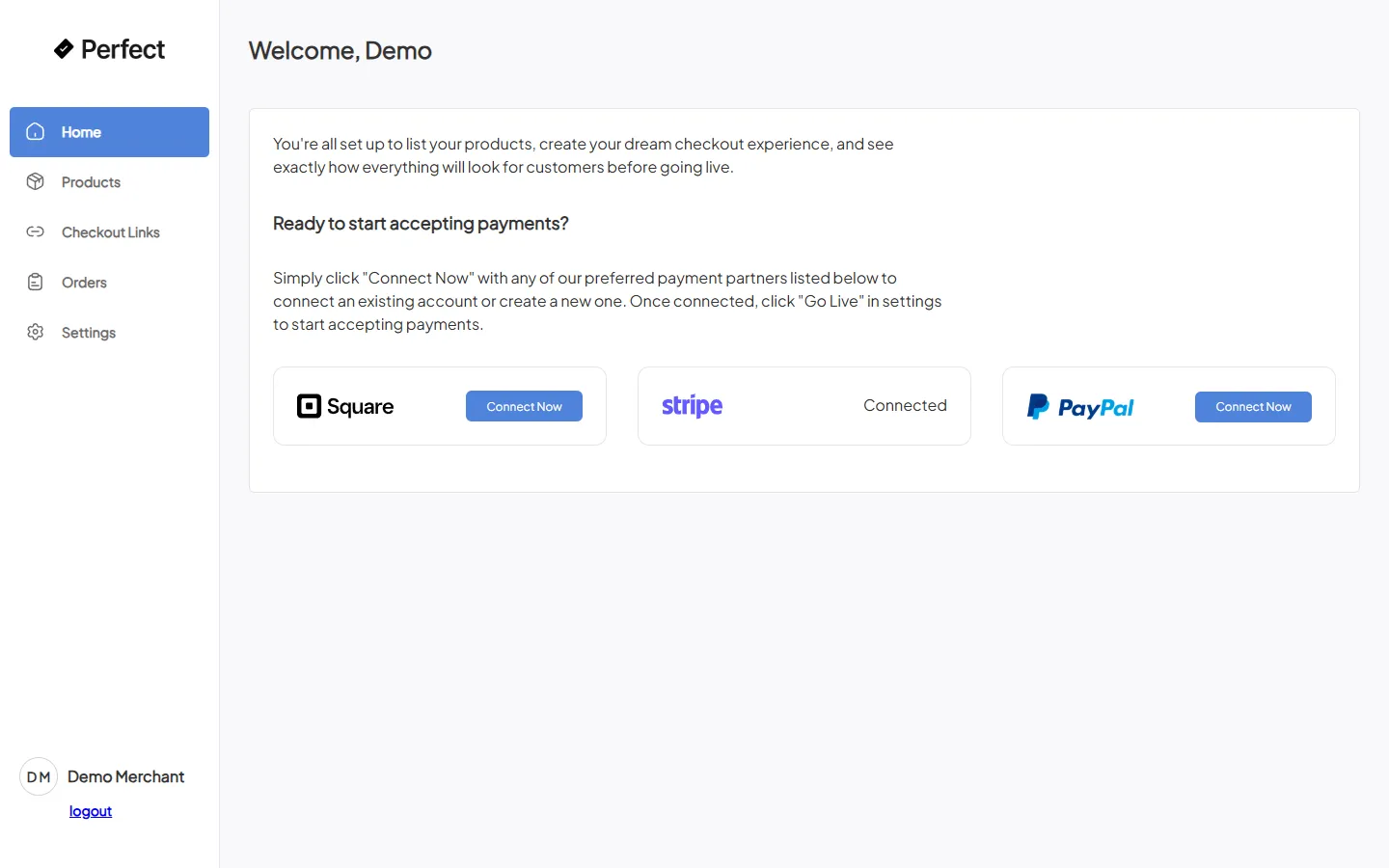 Perfect Checkout merchant dashboard: connect a payment partner, with Square, Stripe, and PayPal options and Stripe showing as connected