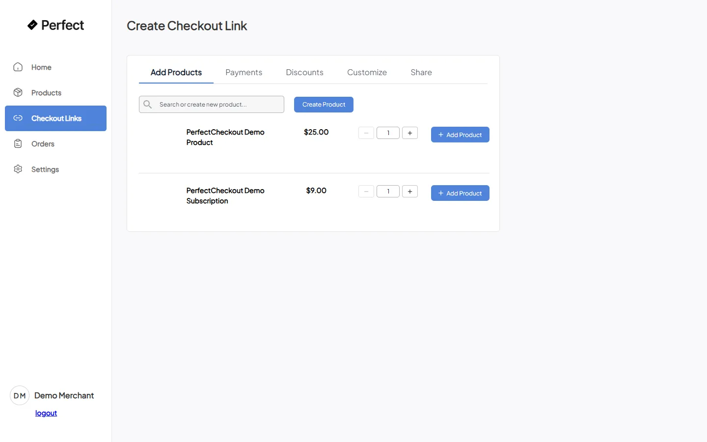 Perfect Checkout link builder: tabs for adding products, payments, discounts, customization, and sharing, with products and prices listed