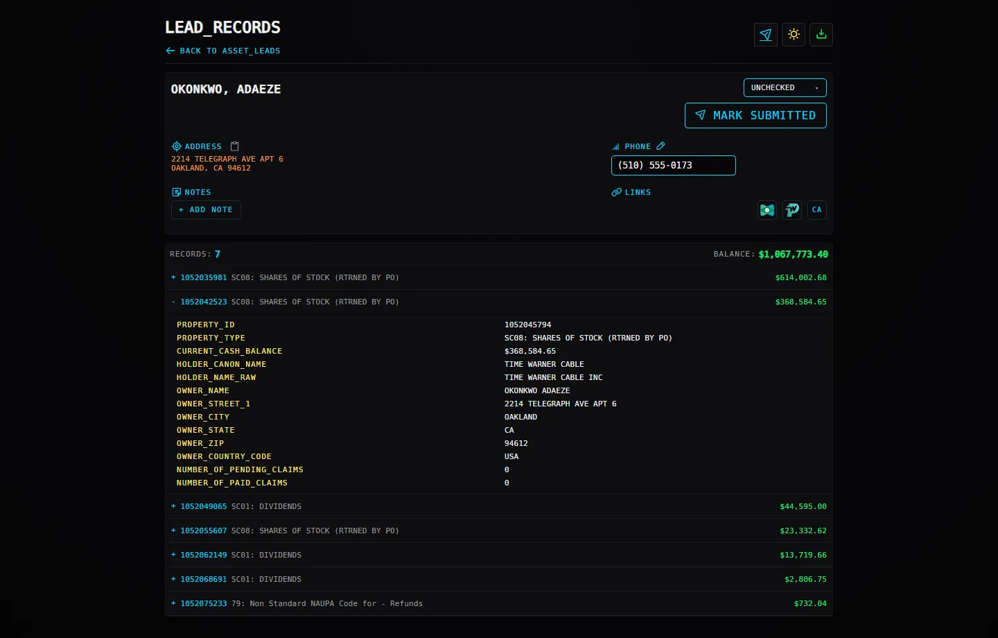 Tapout claimant drill-down: address, phone, notes, and skip-trace shortcuts above the full list of underlying state records, one expanded to its raw schema